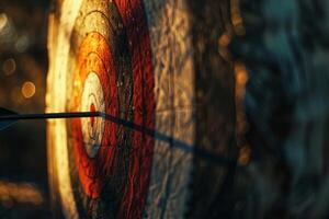 Arrow hitting directly in the center of archery target photo