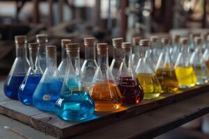 Row of erlenmeyer flasks containing colored liquids in a science lab photo