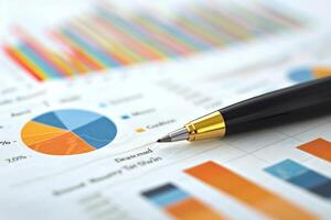 Pen resting on paperwork with colorful charts and graphs showing business information photo
