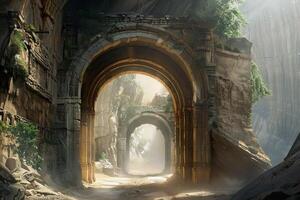 Sunlight illuminating path through ancient stone arches photo