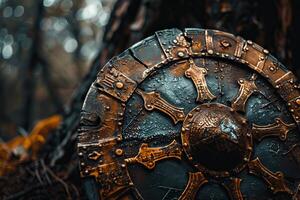 Ancient round shield with metallic ornaments is lying on ground in forest photo
