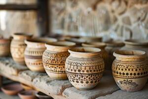 Traditional clay pots drying on wooden shelf in workshop photo