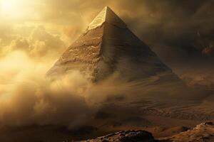 Ancient egyptian pyramid standing in desert during sandstorm photo