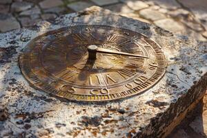 Ancient sundial casting shadow on stone telling time in garden photo