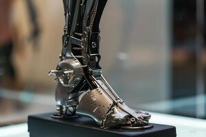 Modern metal prosthetic leg being displayed for innovation photo