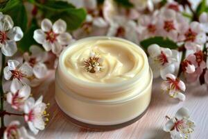 Jar of natural cream is standing on a table with blooming tree branches photo