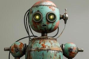 Rusty old retro robot posing with glowing eyes photo