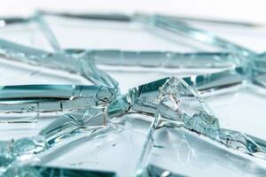 Broken glass reflecting light creating abstract pattern photo