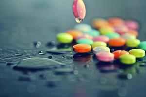 Pink pill dropping on wet surface with colorful pills in background photo