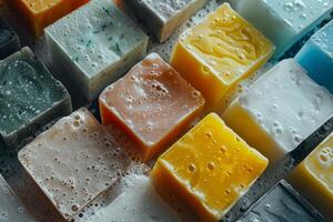 Handmade soap bars soaking in water creating foam bubbles photo