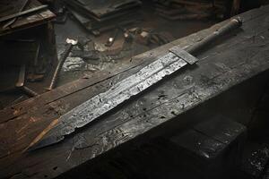 Handcrafted fantasy sword resting on a wooden table in a blacksmith's workshop photo