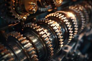 Closeup of cogwheels working together in a complex mechanical system photo
