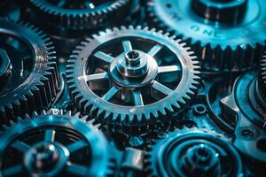 Close up view of complex mechanism with shiny metallic cogwheels working photo