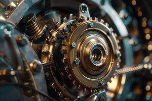 Metallic gears and cogs forming a complex mechanism photo
