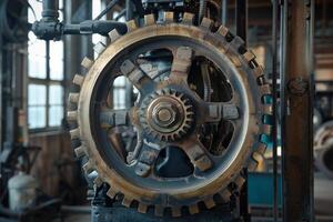 Large rusty gear is part of a mechanical device in an old factory photo