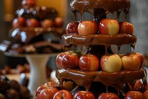 Chocolate fountain dripping over fresh red apples on dessert buffet table photo