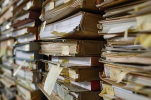 Stack of old files with sticky notes accumulating in an office photo