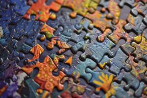 Colorful jigsaw puzzle being solved with some missing pieces photo