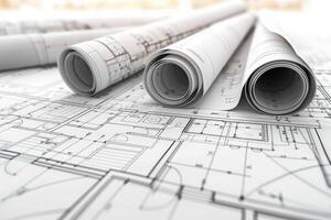arquitectónico proyecto demostración planos acostado en mesa con arrollado planos foto