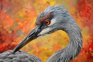 Sandhill crane posing in front of colorful abstract painting photo