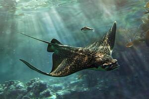 Spotted eagle ray swimming in sunrays through ocean water photo