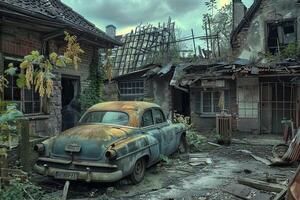 Abandoned rusty car sitting in front of dilapidated building photo