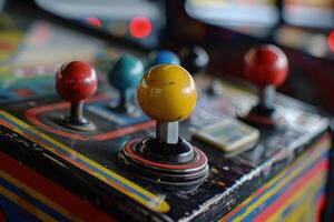 Yellow joystick standing out from the crowd on an arcade game photo