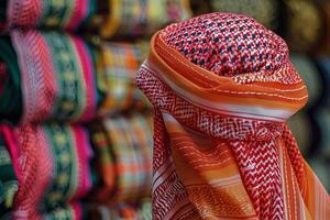 Red and white keffiyeh covering face in textile souk photo