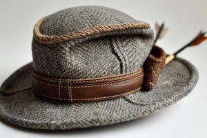 Gray hunting hat with leather strap and feather decoration lying on white background photo