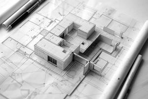 Architect project showing 3d model on top of blueprints photo
