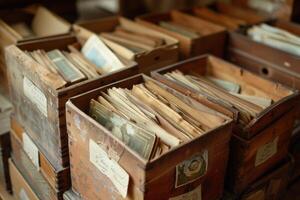 Old wooden crates overflowing with vintage photographs photo