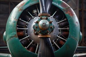 Close up of airplane radial engine showing propeller and cowling photo
