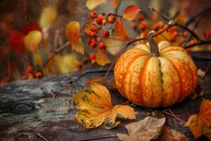 Vibrant orange pumpkin resting on rustic wooden surface with autumn leaves photo