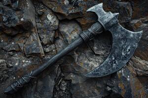 Fantasy axe resting on rocks in nature setting photo