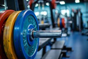 Close up of barbell waiting for weightlifter in gym photo