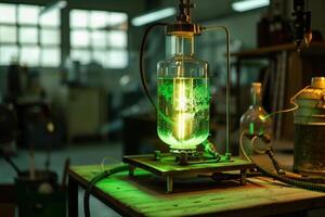 Chemical reaction experiment bubbling in beaker with green liquid in laboratory photo