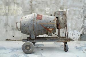 Old and rusty cement mixer abandoned in front of a concrete wall photo