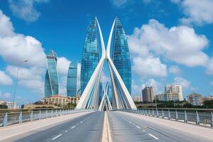 Empty bridge leading to modern skyscrapers in baku azerbaijan photo