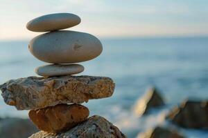 Stack of white pebbles balancing on rocks by the ocean at sunset photo