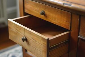 Open empty drawer of an old wooden desk is waiting photo
