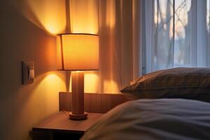 Modern bedroom lit by warm lamp light in the evening photo
