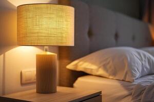 Modern bedside lamp illuminating bedroom in evening photo