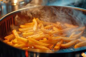French fries frying in deep fryer with hot oil and steam photo
