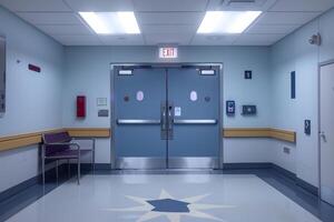Empty hospital hallway with exit sign over double doors photo