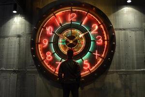 Man standing in front of giant clock with neon lights photo