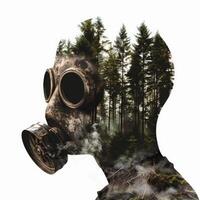 Person wearing gas mask combining with coniferous forest in double exposure photo