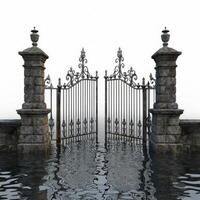 Ornate iron gate standing in flood water photo