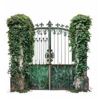 Old ornate green metal gate covered with ivy on white background photo