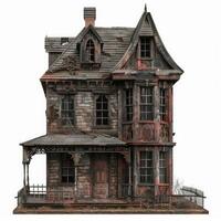 Old victorian haunted house falling apart with boarded up windows photo