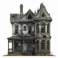 Abandoned victorian haunted house falling apart with broken windows photo
